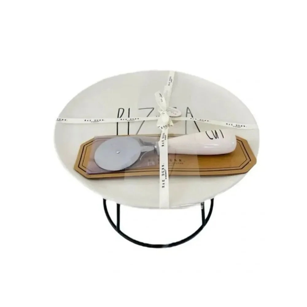 NWT Rae Dunn Pizza Tray and Cutter Set - includes stand, plate, and pizza cutter